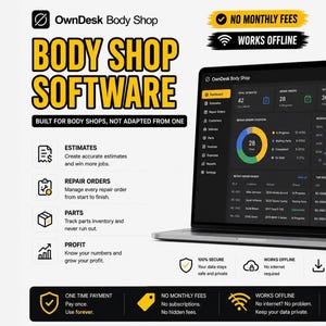 Puede incluir: Un ordenador portátil que muestra el panel de control del software OwnDesk Body Shop con una interfaz oscura, gráficos y listas. El gráfico incluye texto que detalla funciones como presupuestos, órdenes de reparación, seguimiento de piezas y beneficios.