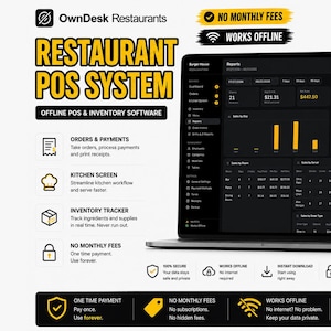 May include: OwnDesk Restaurants POS system software displayed on a laptop screen. Features include orders and payments, kitchen screen, inventory tracker, and no monthly fees. The interface shows a dark mode dashboard with sales reports, charts, and data.