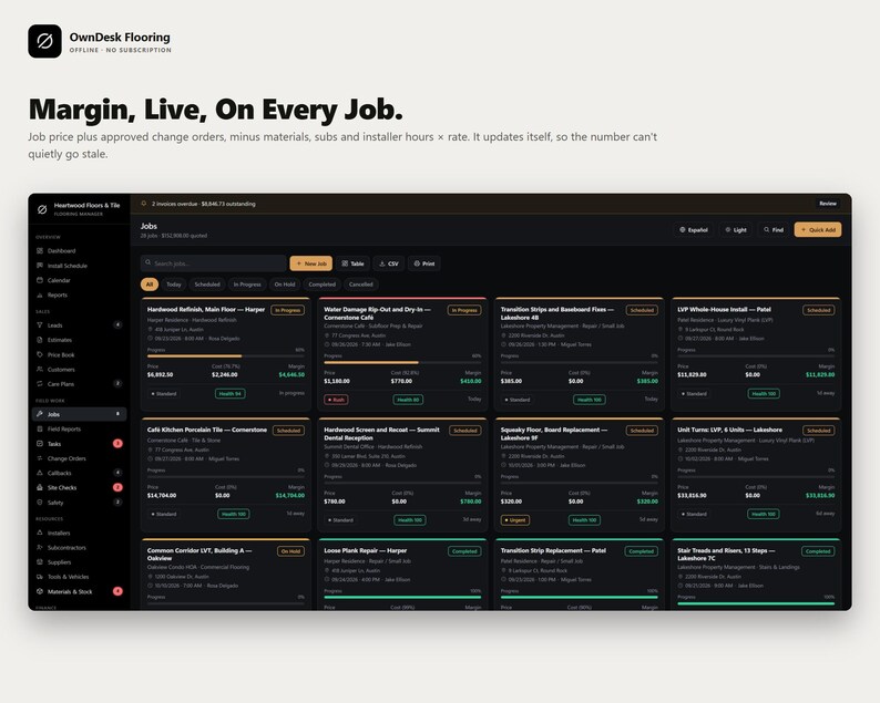 Pu&ograve; includere: Un'interfaccia software a tema scuro intitolata OwnDesk Flooring che mostra una dashboard di lavori di costruzione. Lo schermo presenta un menu laterale, una barra di ricerca e una griglia di schede di lavoro con indicatori di stato e barre.