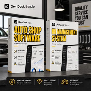 Auto Repair & HR Software Bundle | Garage Work Orders, Invoices + Employee Attendance, Payroll App | Offline, No Subscription