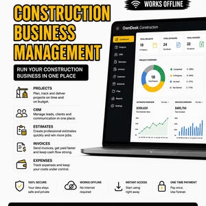 Könnte beinhalten: Ein Laptop zeigt die Benutzeroberfläche der OwnDesk Construction Business-Management-Software mit einem Dashboard für Projekt-, Kostenvoranschlags- und Rechnungsdaten. Die Grafik enthält Text, der Funktionen wie Projektverfolgung, CRM und Rechnungen beschreibt.