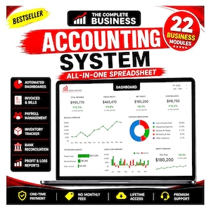 Accounting System Excel | Bookkeeping Spreadsheet | KPI Dashboard | Chart of Accounts | Budget Spreadsheet | Profit Loss | Balance Sheet