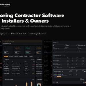 Pu&ograve; includere: Interfaccia del software OwnDesk Flooring su sfondo scuro. La dashboard mostra strumenti per posatori di pavimenti e proprietari, incluse funzioni di stima, pianificazione e fatturazione con etichette di testo per lavori e clienti.