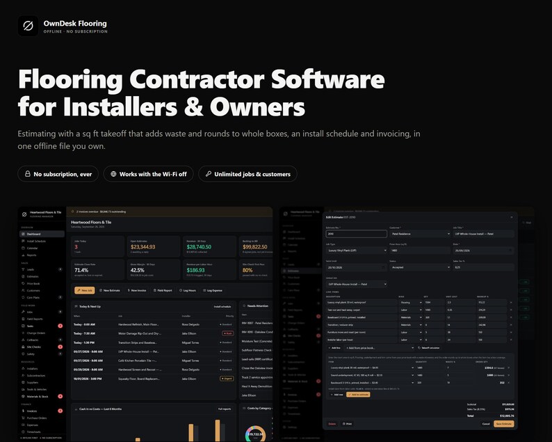 Pu&ograve; includere: Interfaccia del software OwnDesk Flooring su sfondo scuro. La dashboard mostra strumenti per posatori di pavimenti e proprietari, incluse funzioni di stima, pianificazione e fatturazione con etichette di testo per lavori e clienti.