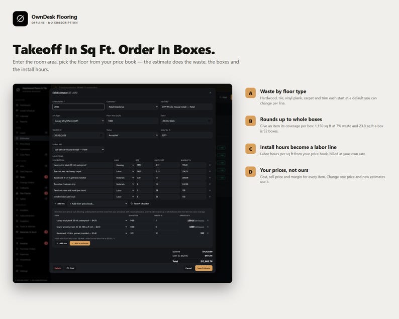 Pu&ograve; includere: Un'interfaccia digitale per il software OwnDesk Flooring che mostra una schermata di stima del progetto in modalit&agrave; scura, con le intestazioni Takeoff In Sq Ft. Order In Boxes e quattro punti A, B, C e D che descrivono i calcoli.