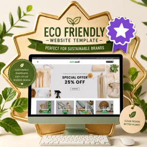 May include: An eco-friendly website template displayed on a computer monitor. The screen shows a "zero waste" website with a special offer of 25% off. The image includes text that says "Eco Friendly - Website Template - Perfect for Sustainable Brands."