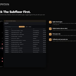 Pu&ograve; includere: Un'interfaccia dashboard digitale per il software OwnDesk Flooring intitolata Check The Subfloor First. Lo schermo mostra un elenco di controlli del sito, inclusi test di umidit&agrave; e sopralluoghi, con navigazione laterale e quattro funzioni evidenziate.