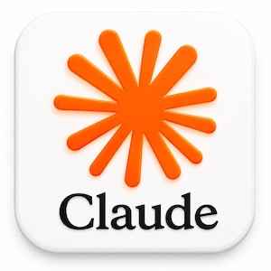 Puede incluir: Un icono cuadrado con esquinas redondeadas que presenta un gráfico naranja brillante en forma de estrella o sol sobre el texto negro Claude. El fondo es de color blanco sólido, lo que proporciona una presentación visual clara.