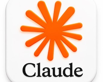 Puede incluir: Un icono cuadrado con esquinas redondeadas que presenta un gráfico naranja brillante en forma de estrella o sol sobre el texto negro Claude. El fondo es de color blanco sólido, lo que proporciona una presentación visual clara.