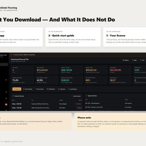 Pu&ograve; includere: Un'interfaccia dashboard digitale per il software OwnDesk Flooring, che mostra metriche aziendali come preventivi, entrate e fatture in sospeso. L'interfaccia scura include menu di navigazione, programmi di progetto e un elenco di attivit&agrave;.