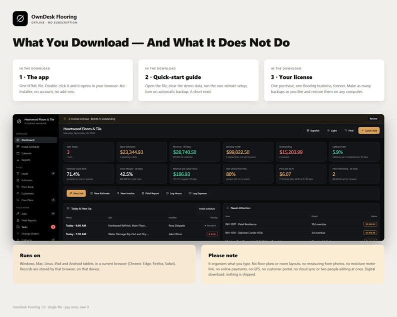 Pu&ograve; includere: Un'interfaccia dashboard digitale per il software OwnDesk Flooring, che mostra metriche aziendali come preventivi, entrate e fatture in sospeso. L'interfaccia scura include menu di navigazione, programmi di progetto e un elenco di attivit&agrave;.