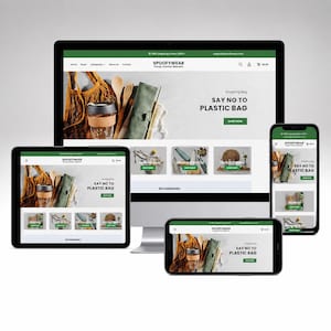 Peut inclure: Présentation d'un site web sur plusieurs appareils : ordinateur de bureau, tablette et smartphones. Le site web, aux couleurs vert et blanc, affiche le texte "SAY NO TO PLASTIC BAG". Il présente des produits écologiques.