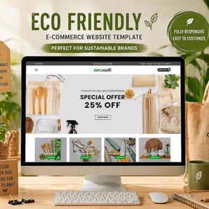 May include: A computer monitor displays an e-commerce website template with the text "Eco Friendly" and "Perfect for Sustainable Brands." The website showcases sustainable products. A tote bag, mug, and other eco-friendly items are also visible.