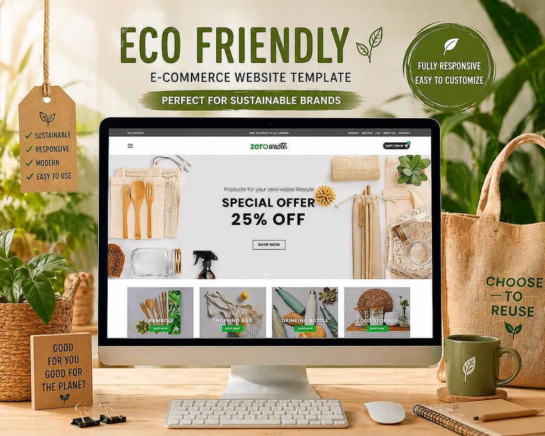 May include: A computer monitor displays an e-commerce website template with the text "Eco Friendly" and "Perfect for Sustainable Brands." The website showcases sustainable products. A tote bag, mug, and other eco-friendly items are also visible.