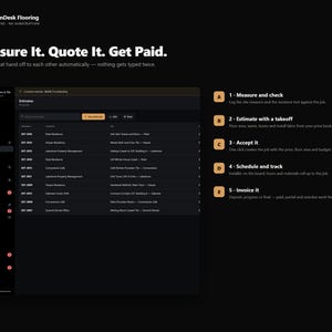 Pu&ograve; includere: Un'interfaccia dashboard digitale per il software OwnDesk Flooring su sfondo scuro. Lo schermo mostra un elenco di stime, una barra laterale di navigazione e un processo di lavoro in cinque fasi, etichettate da A a E, per la gestione dei progetti.