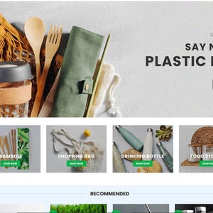 May include: An assortment of eco-friendly products, including a reusable glass bottle, wooden utensils, a green utensil wrap, and a reusable shopping bag. The image also features the text "SAY NO TO PLASTIC BAG".