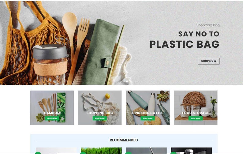 May include: An assortment of eco-friendly products, including a reusable glass bottle, wooden utensils, a green utensil wrap, and a reusable shopping bag. The image also features the text "SAY NO TO PLASTIC BAG".