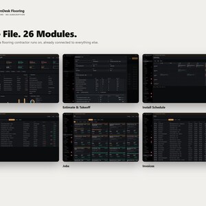 Pu&ograve; includere: Un'interfaccia digitale intitolata OwnDesk Flooring con il testo One File. 26 Modules. Presenta sei screenshot di dashboard software con tema scuro, etichettati come Dashboard, Estimate & Takeoff, Install Schedule, Site Checks, Jobs e Invoices.