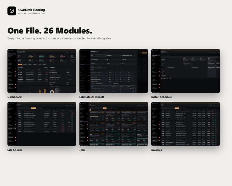 Pu&ograve; includere: Un'interfaccia digitale intitolata OwnDesk Flooring con il testo One File. 26 Modules. Presenta sei screenshot di dashboard software con tema scuro, etichettati come Dashboard, Estimate & Takeoff, Install Schedule, Site Checks, Jobs e Invoices.