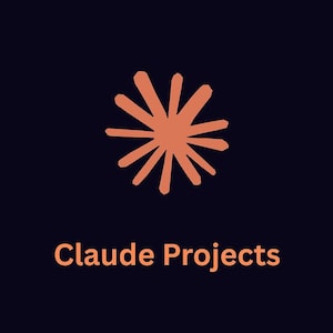 Puede incluir: Un diseño gráfico azul marino oscuro que presenta un icono estilizado de estrella o resplandor solar de múltiples puntas en un color melocotón apagado, centrado sobre el texto "Claude Projects" escrito en una fuente sans-serif a juego.