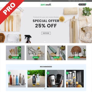 May include: Website banner for zero waste products. The banner features a special offer of 25% off. Products include bamboo utensils, shopping bags, drinking bottles, and food storage containers. The website also recommends other products.