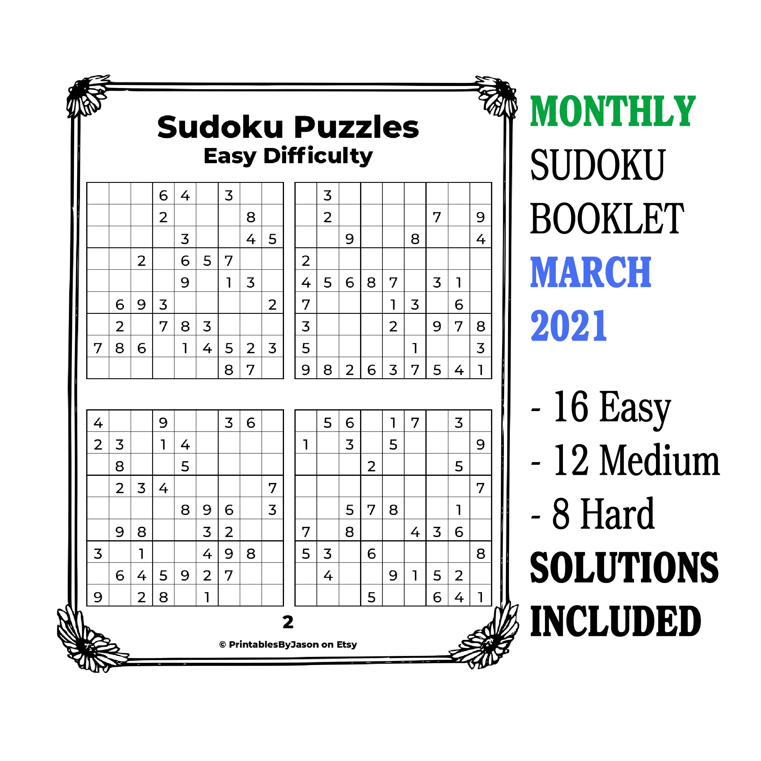 monthly sudoku puzzle march 2021 volume solutions included etsy