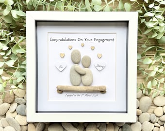 Engagement gift, Personalised engagement present for a couple. Engagement picture frame, Pebble Art