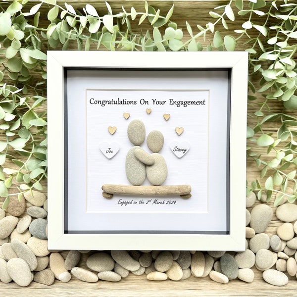 Engagement gift, Personalised engagement present for a couple. Engagement picture frame, Pebble Art