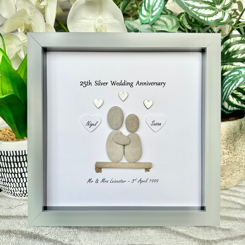 Personalised 25th Anniversary Pebble Art Gift - Silver Wedding Grey - No Mount