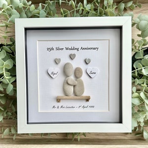 Personalised 25th Anniversary Pebble Art Gift - Silver Wedding White - Mount Back