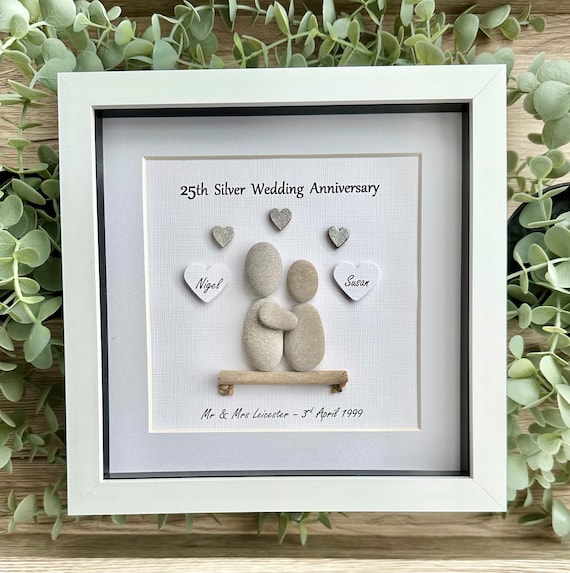 Personalised 25th Anniversary Pebble Art Gift - Silver Wedding