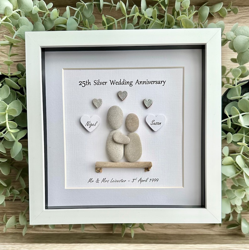 Personalised 25th Anniversary Pebble Art Gift - Silver Wedding White - Mount Back