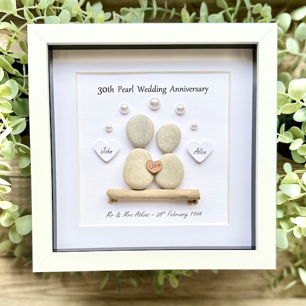 30th Wedding Anniversary Personalised Gift - Pearl Wedding Anniversary Handmade Pebble Art Picture, 30 years of marriage celebration.