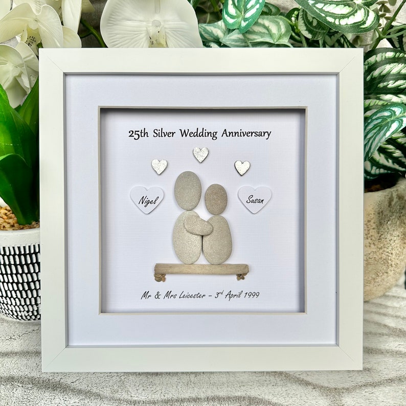 Personalised 25th Anniversary Pebble Art Gift - Silver Wedding White - Mount Front