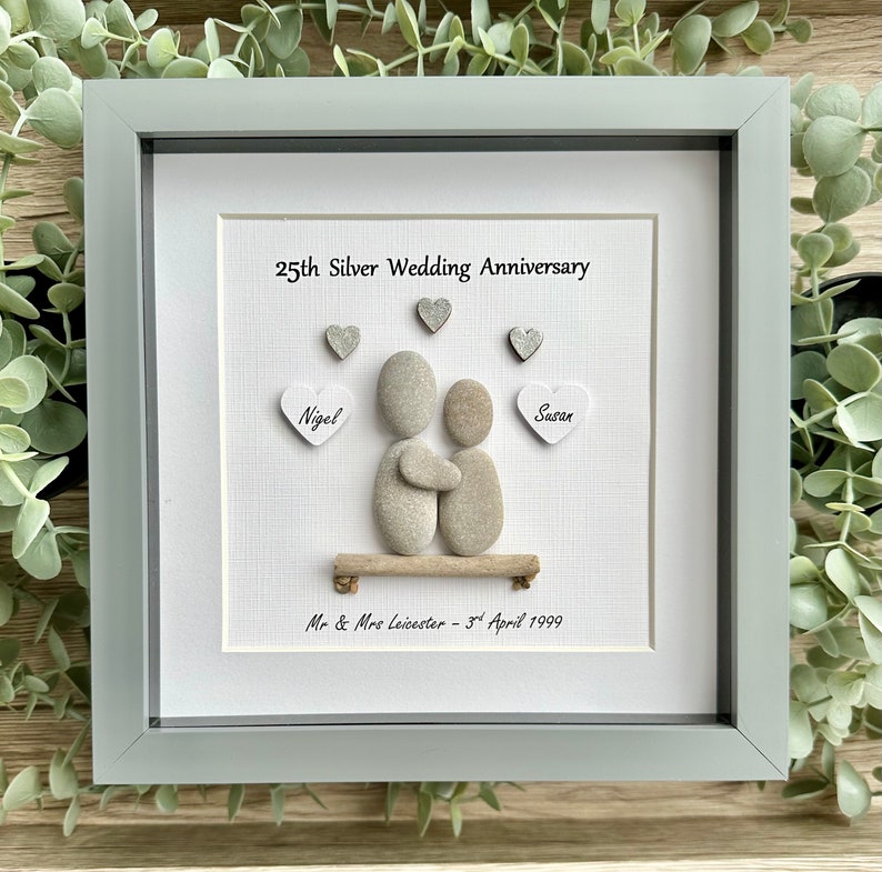 Personalised 25th Anniversary Pebble Art Gift - Silver Wedding Grey - Mount back
