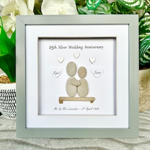 Personalised 25th Anniversary Pebble Art Gift - Silver Wedding Grey - Mount Front