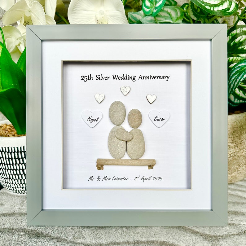 Personalised 25th Anniversary Pebble Art Gift - Silver Wedding Grey - Mount Front