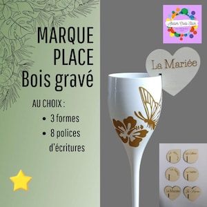 Marque place en bois gravé personnalisable. Mariage, baptême, anniversaire