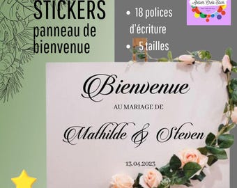 Sticker autocollant pour panneau de "Bienvenue au mariage, baptême, anniversaire, bay shower etc... de". Prénoms et date personnalisables