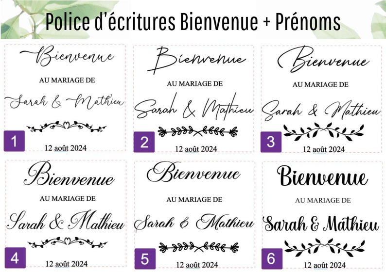 May include: A selection of six wedding invitation designs featuring the word "Bienvenue" and the names "Sarah & Mathieu". Each design includes decorative floral elements and the date "12 ao&ucirc;t 2024".