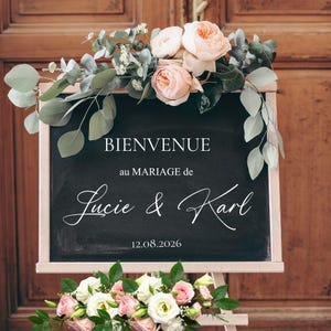 Sticker autocollant pour panneau de "Bienvenue au mariage, baptême, anniversaire, bay shower etc... de". Prénoms et date personnalisables