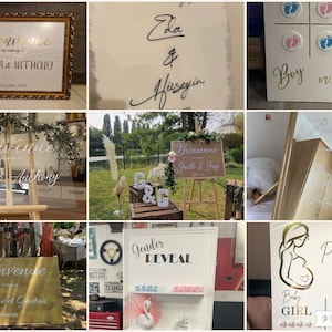 May include: Collection of wedding and baby shower signs. Includes a framed sign with gold lettering, a sign with the text "Boy or Girl", and a sign with the text "Gender Reveal".