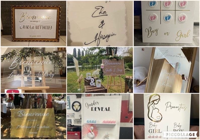May include: Collection of wedding and baby shower signs. Includes a framed sign with gold lettering, a sign with the text "Boy or Girl", and a sign with the text "Gender Reveal".