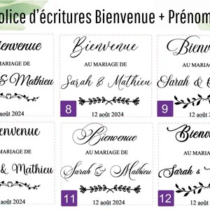 May include: A collection of wedding invitation designs featuring the word "Bienvenue" and the names "Sarah & Mathieu." Each design includes the date "12 ao&ucirc;t 2024" and decorative elements.