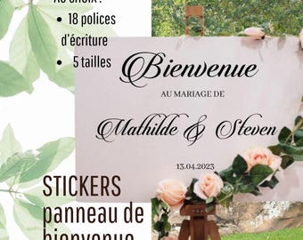 Sticker autocollant pour panneau de "Bienvenue au mariage, baptême, anniversaire, bay shower etc... de". Prénoms et date personnalisables