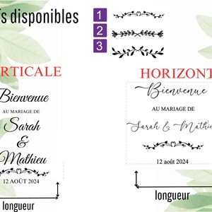 May include: A design for a wedding sign with the words "Bienvenue" and "Au Mariage de Sarah & Mathieu" in elegant script. The date "12 AO&Ucirc;T 2024" is also included. The image shows vertical and horizontal layout options.