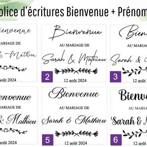 May include: A selection of six wedding invitation designs featuring the word "Bienvenue" and the names "Sarah & Mathieu". Each design includes decorative floral elements and the date "12 ao&ucirc;t 2024".