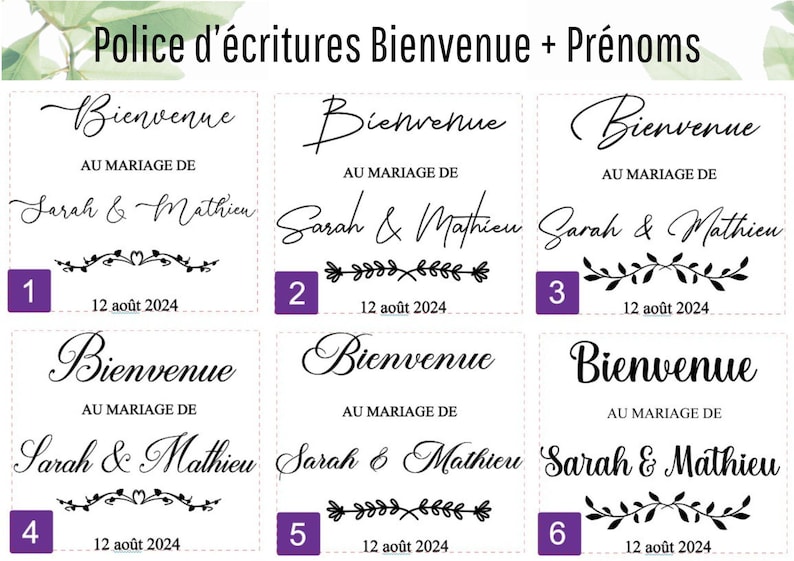 May include: A selection of six wedding invitation designs featuring the word "Bienvenue" and the names "Sarah & Mathieu". Each design includes decorative floral elements and the date "12 ao&ucirc;t 2024".