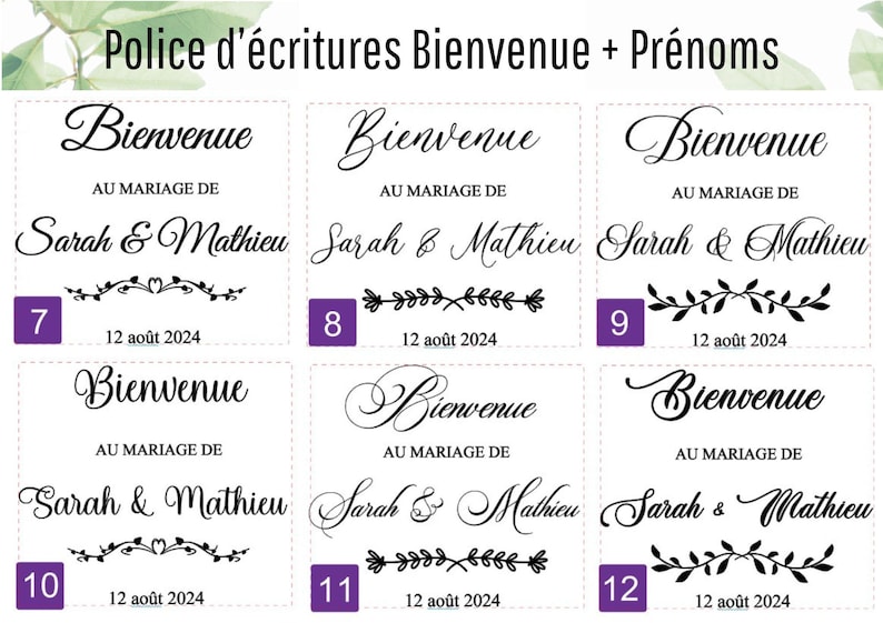May include: A collection of wedding invitation designs featuring the word "Bienvenue" and the names "Sarah & Mathieu." Each design includes the date "12 ao&ucirc;t 2024" and decorative elements.