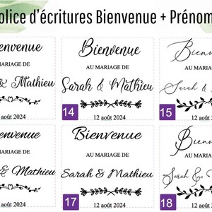 May include: A collection of wedding invitation design options featuring the word "Bienvenue" (Welcome) and the names Sarah & Mathieu, with the date August 12, 2024. Each design showcases a different font and decorative element.